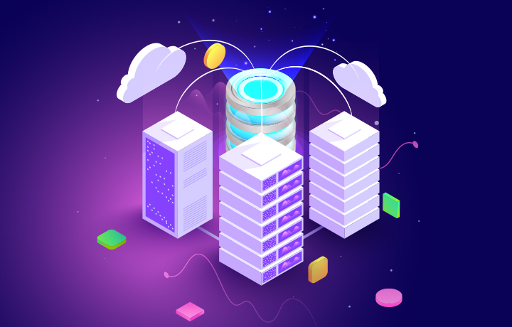 Computer server illustration with clouds