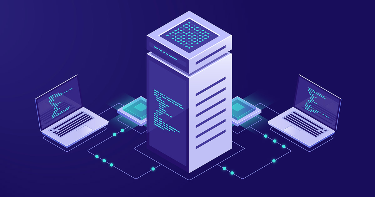 Illustration of laptops connected to a server